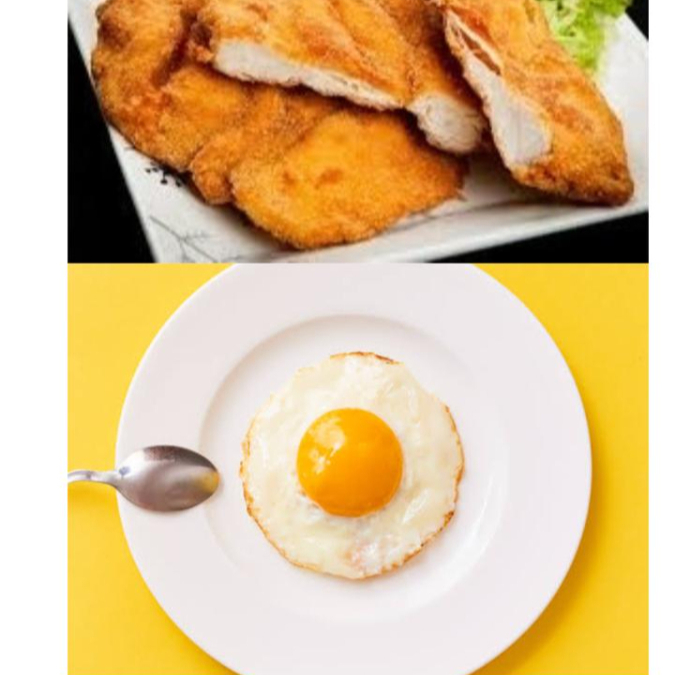 Arroz, feijão, macarrão alho e oleo, filé de frango empanado e ovo frito