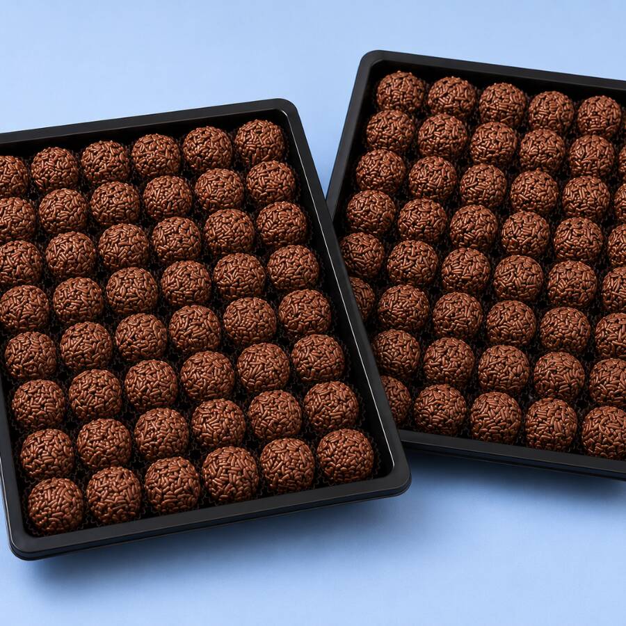 Cento de Festa com 100 docinhos artesanais de Brigadeiros Tradicionais. Produzidos artesanalmente com ingredientes de qualidade, macios, cremosos e que derretem na boca. Perfeitos para festas, comemorações e momentos especiais!
