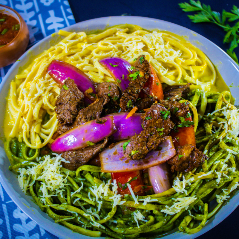 Lomo Saltado + Tallarín Huancaína + Tallarín Verde