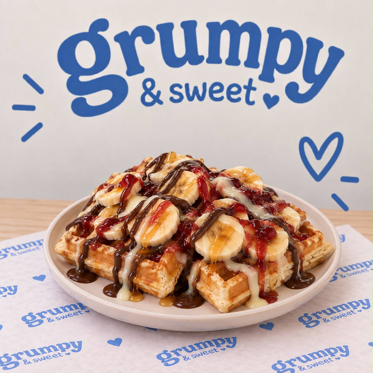 2 Waffles con Plátano, Fresa y Chocolate Líquido.