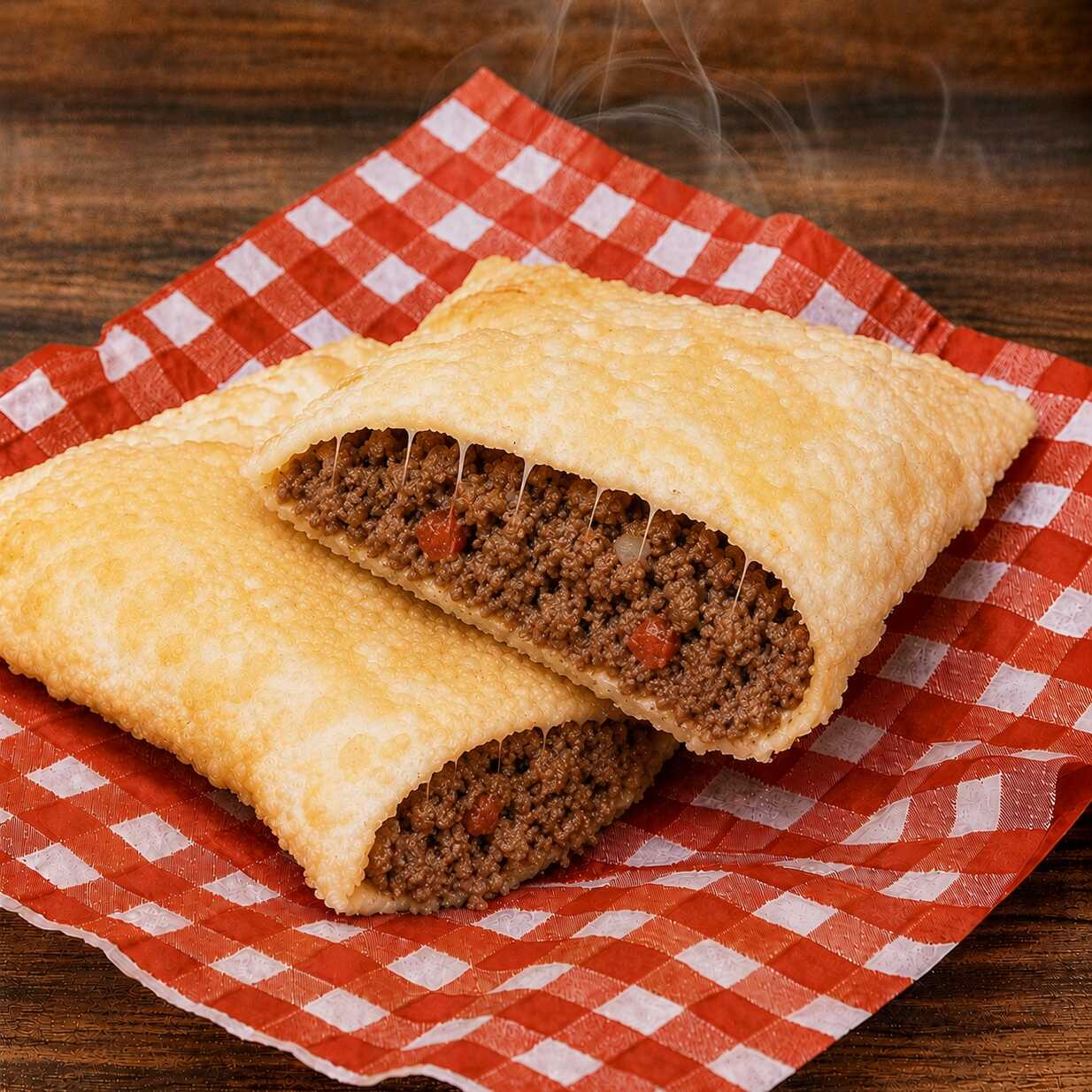 O clássico pastel de carne com tempero da casa.