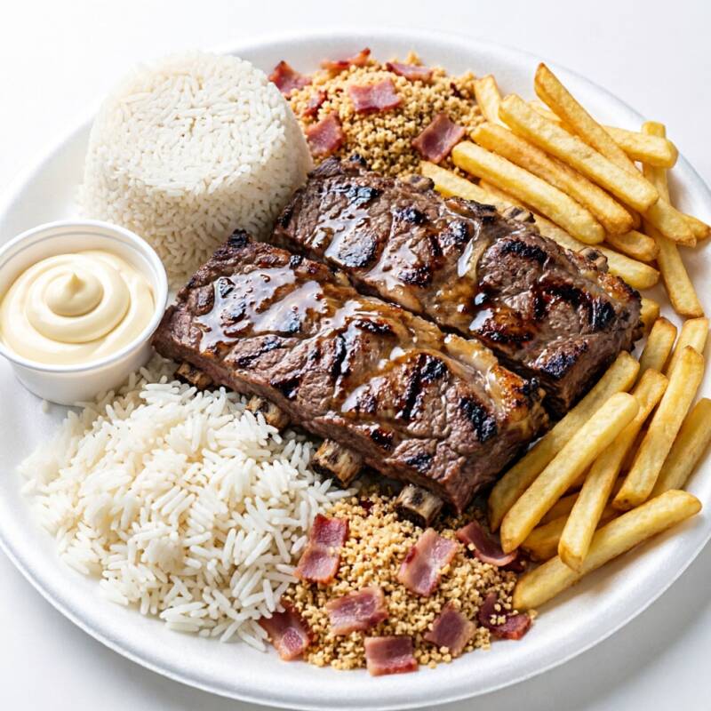 2 fatias de costela bovina assada na brasa, arroz branco, maionese, farofa com bacon e batata frita. Nao Fazemos Alteraçao Nas Martimas