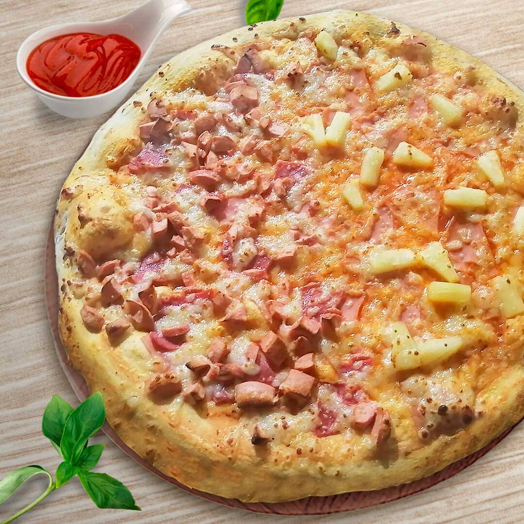 Pizza jumbo hawaiana mitad jamon salchicha