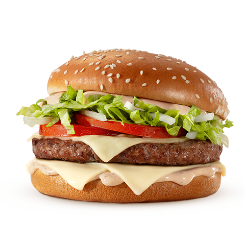 Composto por um hambúrguer de carne 100% bovina, o icônico molho tasty, queijo processado sabor emental, tomate, alface, cebola, tudo isso no pão com gergelim.