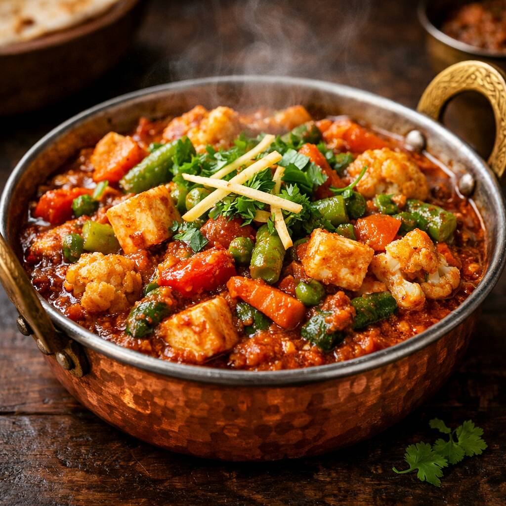 Uma deliciosa combinação de legumes frescos preparados com um molho indiano aromático e cremoso, temperado com especiarias tradicionais. Saboroso, equilibrado e feito na hora, perfeito para quem aprecia uma autêntica experiência da culinária indiana.