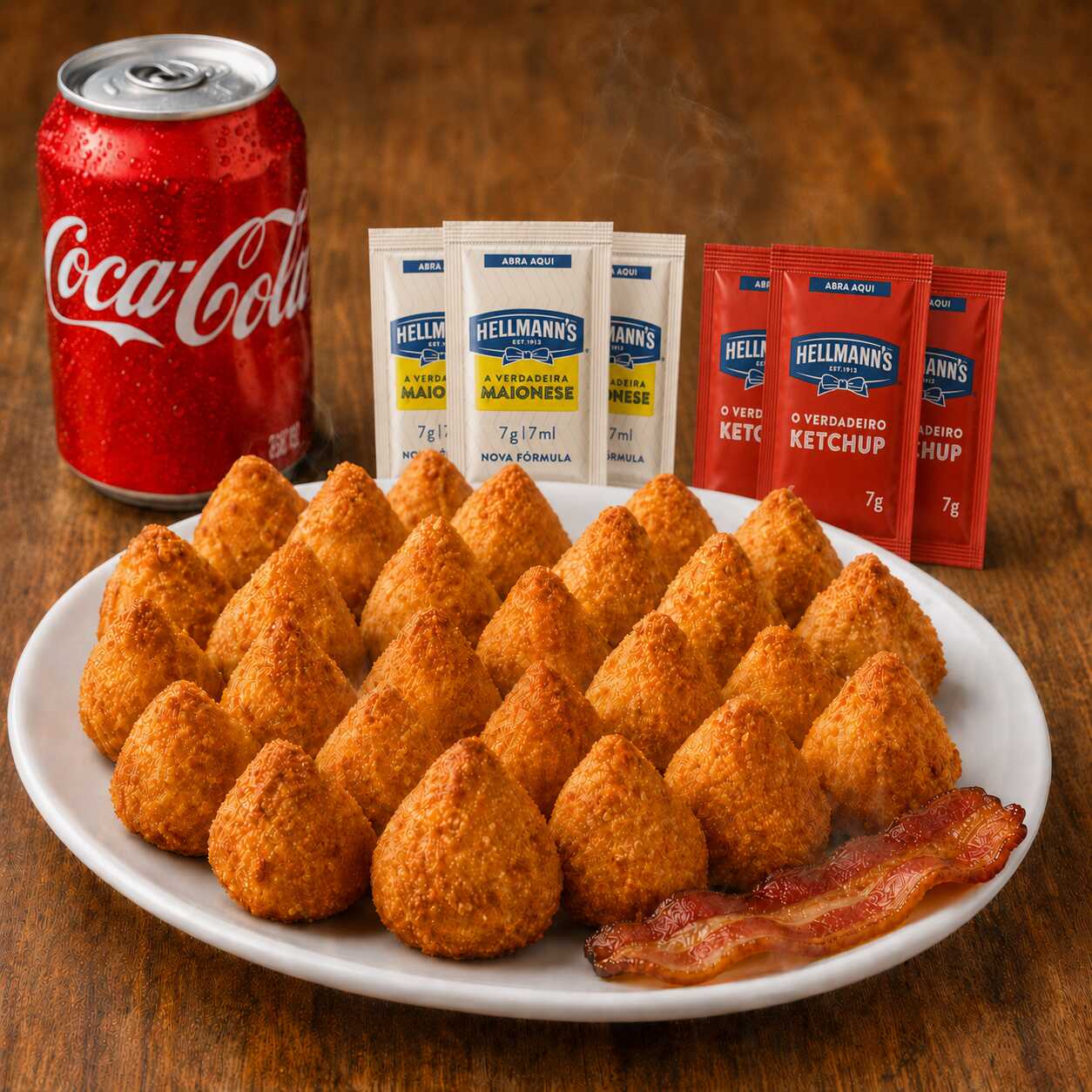 Box exclusivo com 25 mini coxinhas artesanais, preparadas com massa finíssima, fritas até ficarem douradinhas e ultra crocantes. O recheio de frango é temperado no ponto, com um toque suave de bacon defumado que traz um sabor especial e irresistível a cada mordida.
O que acompanha seu box:
25 Mini Coxinhas: Crocantes por fora, cremosas por dentro.
Kit Molhos: 3 sachês de ketchup e 3 sachês de maionese.
Bebida: 1 Coca-Cola lata bem gelada para completar a experiência.