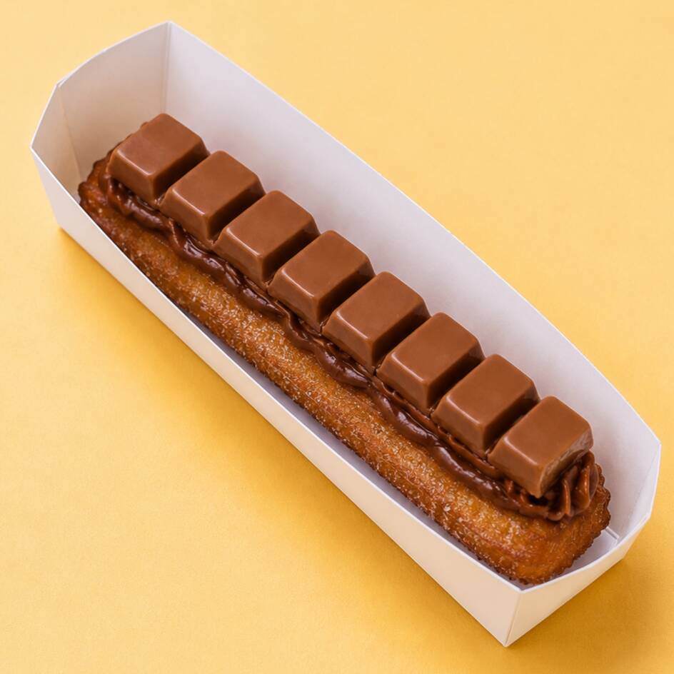 Churros crocante e sequinho, recheado e coberto com creme de avelã e pedaços de Kitkat — uma explosão de sabor irresistível!