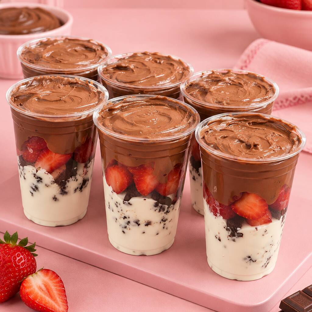 Creme de ninho, brownie, morangos e creme de avelã