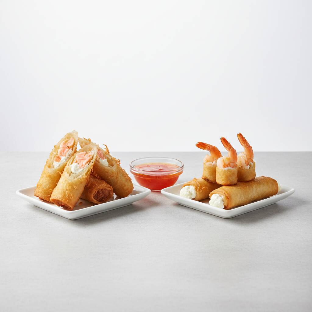 Salmão grelhado e cream cheese, envoltos de massa harumaki
Camarão e cream cheese, envoltos de massa harumaki