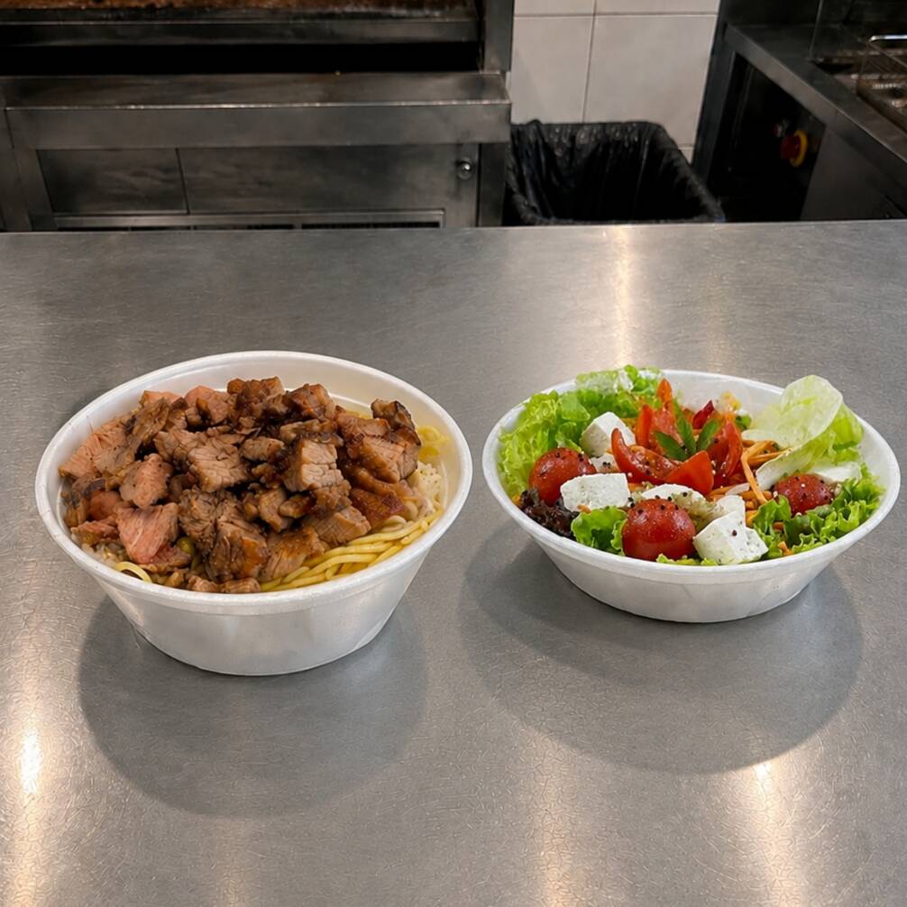Marmita super grande com ➡️APROXIMADAMENTE ! ⬅️ 1kg de comida, ideal para 1 a 2 pessoas! Arroz e feijão fixos + escolha 2 opções de mistura e 3 guarnições. Acompanha salada mista de 400g
