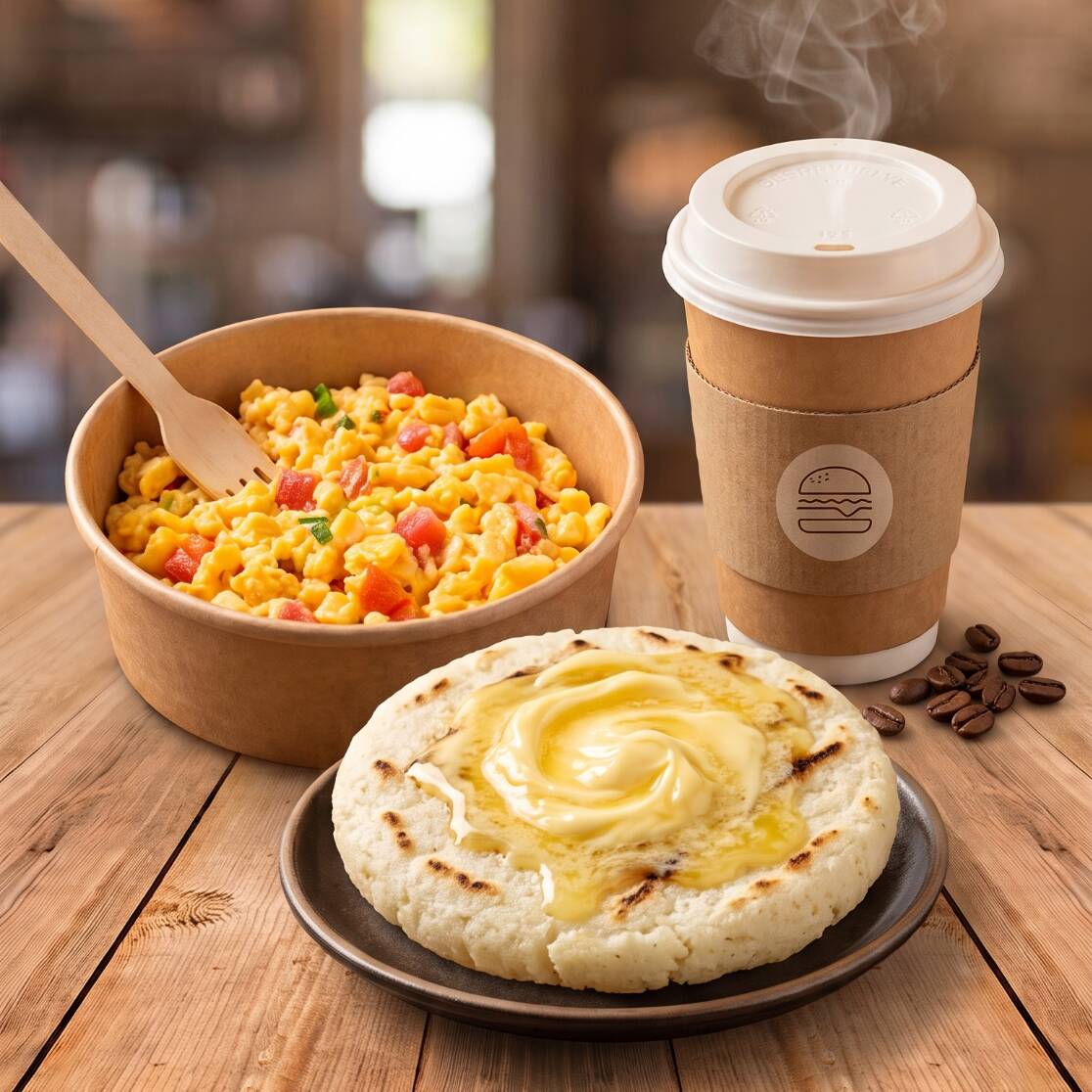 Desayuno Huevos Revueltos + Arepa + Bebida