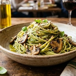 Pasta Al Pesto Con Champiñones