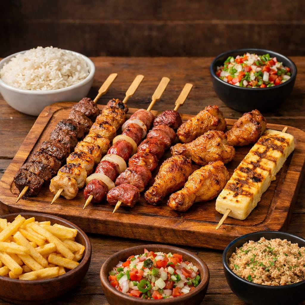 O Super Completo #03 da madame é composto por 4 espetos à escolha do cliente, 6 drumets , 1 queijo coalho e acompanha arroz, batata frita, farofa e vinagrete. Capricho, sabor e qualidade em um só combo! 😋🔥