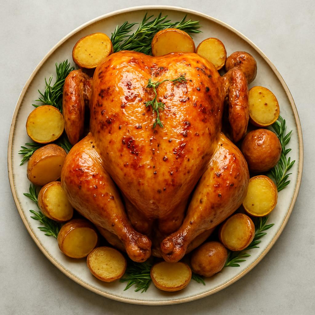 Frango assado no ponto perfeito, acompanhado de batatas douradinhas e farofinha crocante + Coca-Cola 2l. Uma combinação irresistível para deixar sua refeição completa! 6 unidades de batata + pote de farofa média de 30g