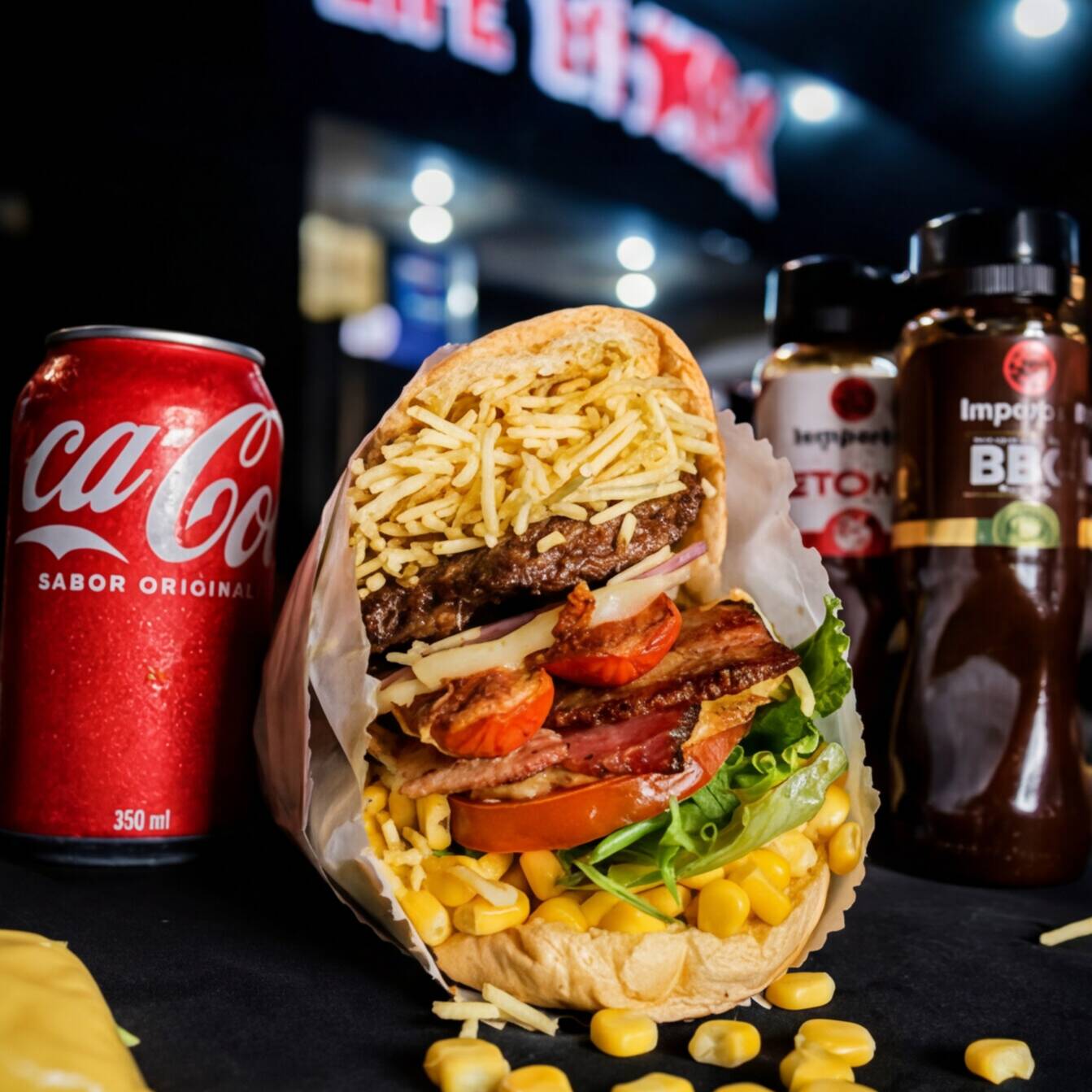 Aproveite uma combinação irresistível de muçarela, presunto, salsicha, bacon, ovo, alface, tomate, batata palha e milho + Coca Cola lata!