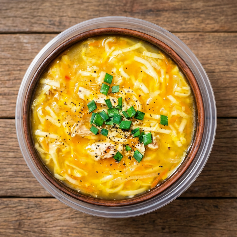 Caldo a base de mandioca com frango desfiado. (APROXIMADAMENTE 500 ML).