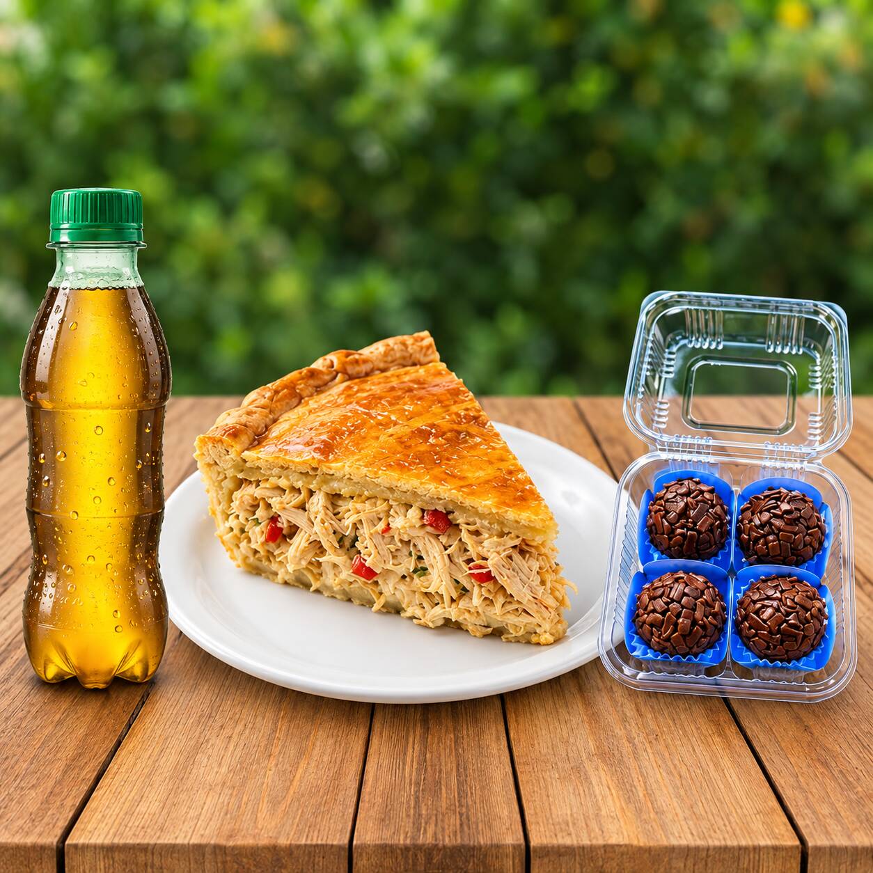 Deliciosa fatia de empadão de frango com bacon, 4 brigadeiros de chocolate e ainda leva 1 refri de 200ml geladinho .