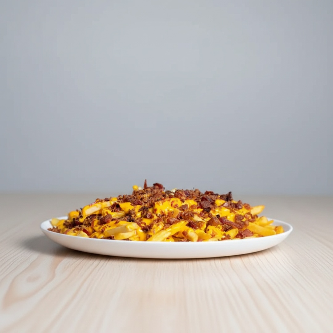 Porção de batata media com cheddar cremoso e bacon