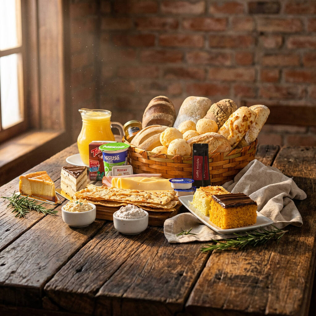 O equilíbrio perfeito entre o café e o leite! Incluso: 1 Suco de Laranja 300 ml; 1 Café Solúvel; 1 Toddynho 4 Brioches; 2 Pães Artesanais; 5 Pães de Queijo; 100 g Queijo Prato; 100 g Presunto; 2 Blister de Manteiga; 1 Bolo de Aipim Ou Bolo de Cenoura; 100 g Petit Four Doce;