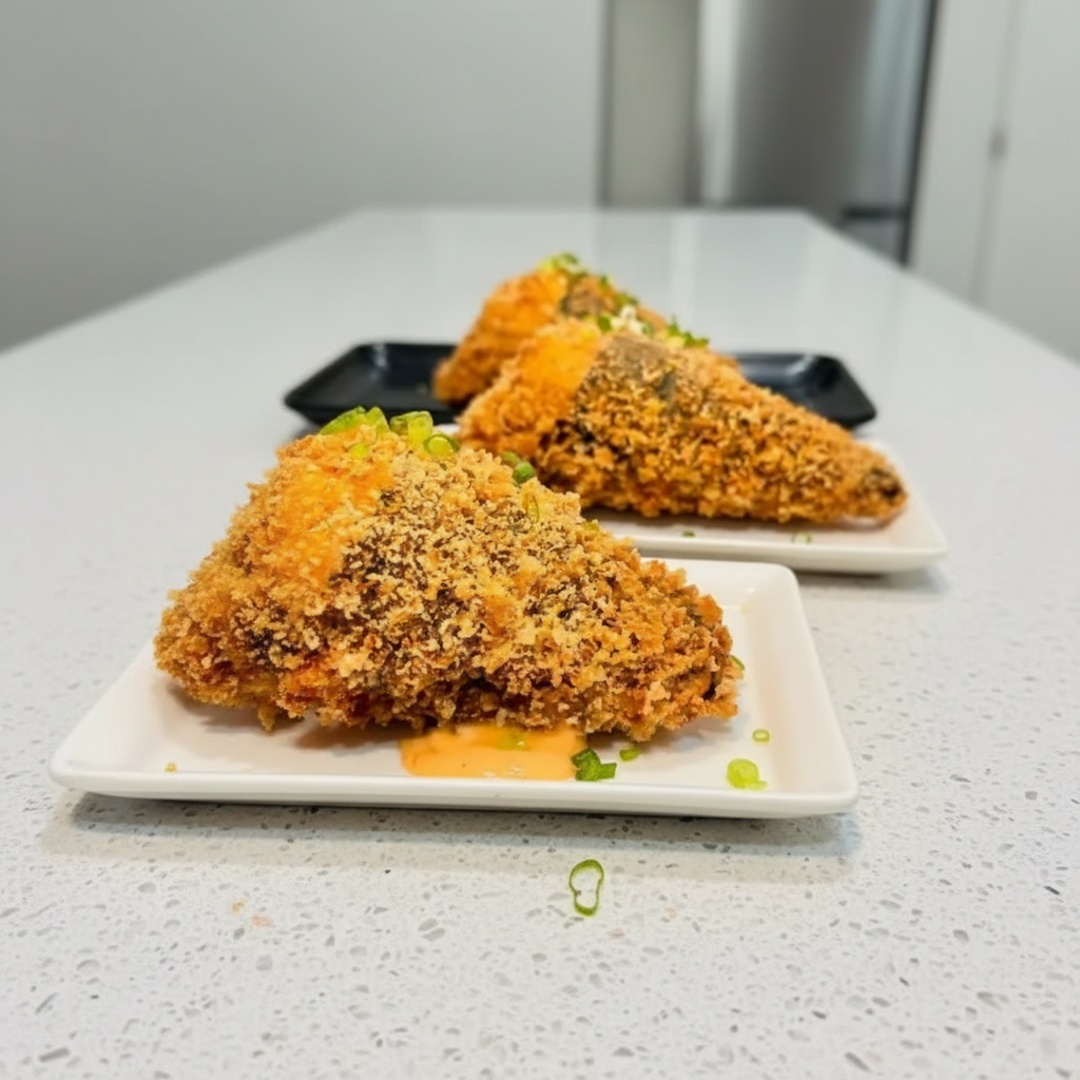 2 temake salmão empanado na farinha panko recheado com salmão creme e arroz japonês