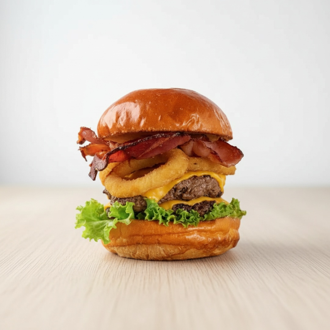 Sabor e Crocancia em cada mordida! 2 carne macia 120g + Cheddar + Bacon + Alface + Anel de Cebola Empanado + Creme de Baconnese Delicioso.