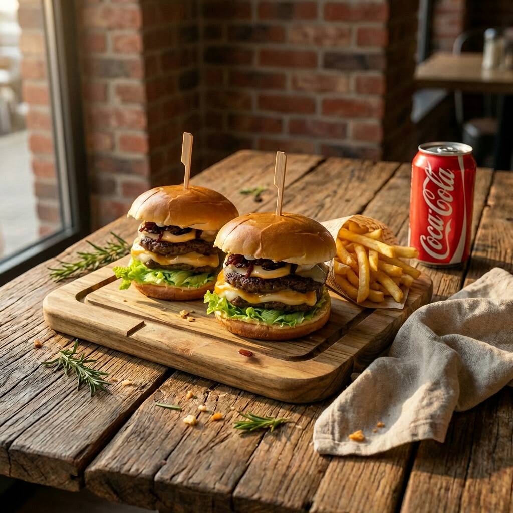 2 deliciosos lanches de hamburguer tradicionais com alface tomate milho e batata palha e o bacon com uma fatia de muçarela sua noite ficara perfeita com uma coca lata e uma porção de batata P