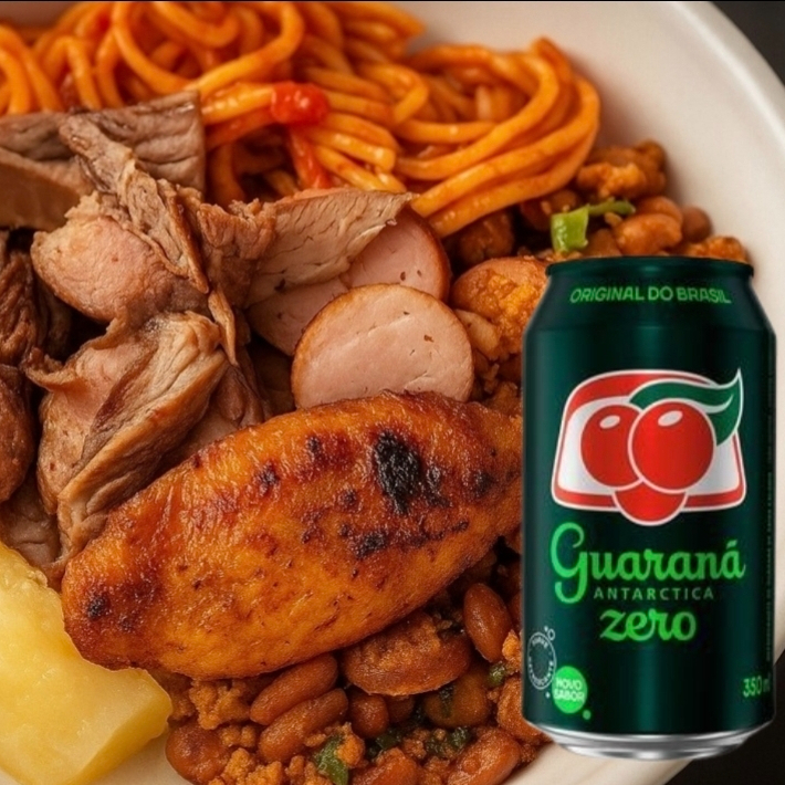 Marmita mista com arroz, feijão de caldo, mandioca, macarrão e churrasco misto na brasa + 1 guaraná Antártica lata Zero 350ml