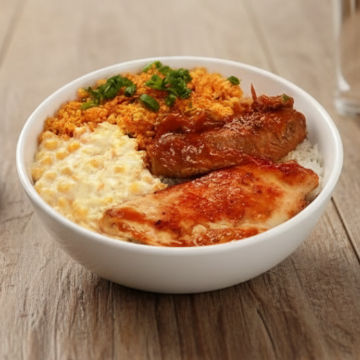 Marmitex m Arroz, feijão , farofa, macarrão alho e óleo , abobrinha refogada , creme de milho , ,batata sout , lasanha de frango .nhoque molho vermelho . Opções de carne: filé de peito frango grelhado ou bisteca frita
