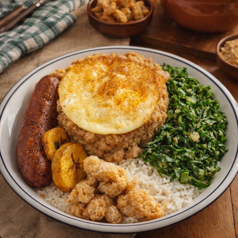 Um clássico PF mineiro feito no capricho: tutu de feijão bem temperado, linguiça artesanal do Mercadão, torresmo pururuca crocante, couve rasgada refogada, ovo frito, banana da terra douradinha e arroz soltinho. Prato completo, farto e com o sabor da roça que só a Passopreto tem. Ideal pra matar a fome com comida de verdade.