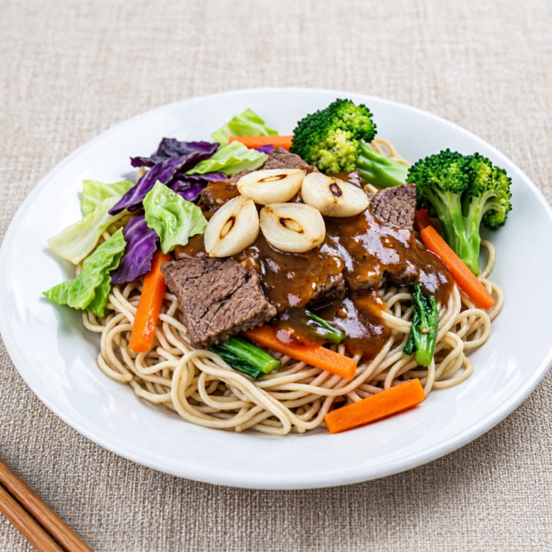 Carne, Macarrão, alho refogado, repolho verde, repolho roxo, brócolis e cenoura e nosso molho especial.