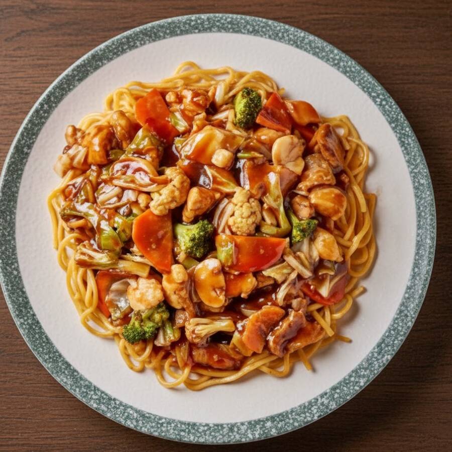Macarrão sobá frito no wok com carne bovina, frango, couve-flor, brócolis, cogumelos, repolho e cenoura com o clássico molho do Lig-Lig. Preparado no wok chinês de forma artesanal com ingredientes frescos.