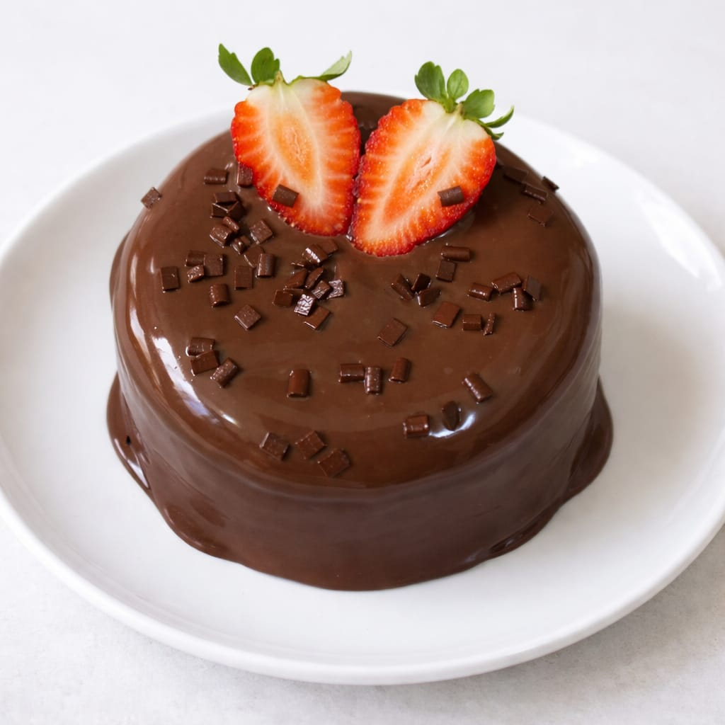 Delicioso bolo vulcão de chocolate, massa amanteigada e muito saborosa, com uma deliciosa cobertura de creme de chocolate, finalizado com granulado de chocolate nobre e morango fresco.