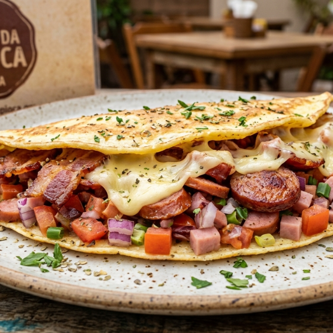 Crepioca recheada com bacon calabresa presunto tomate cebola cheddar catupiry mussarela para finalizar
