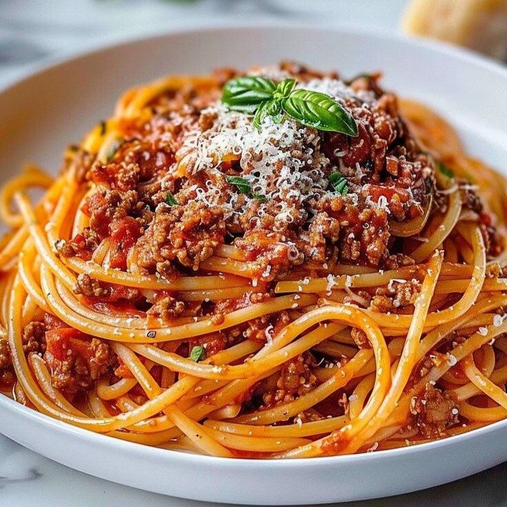 Espaguete servido com um delicioso molho à bolonhesa, feito com carne moída e muçarela gratinada.