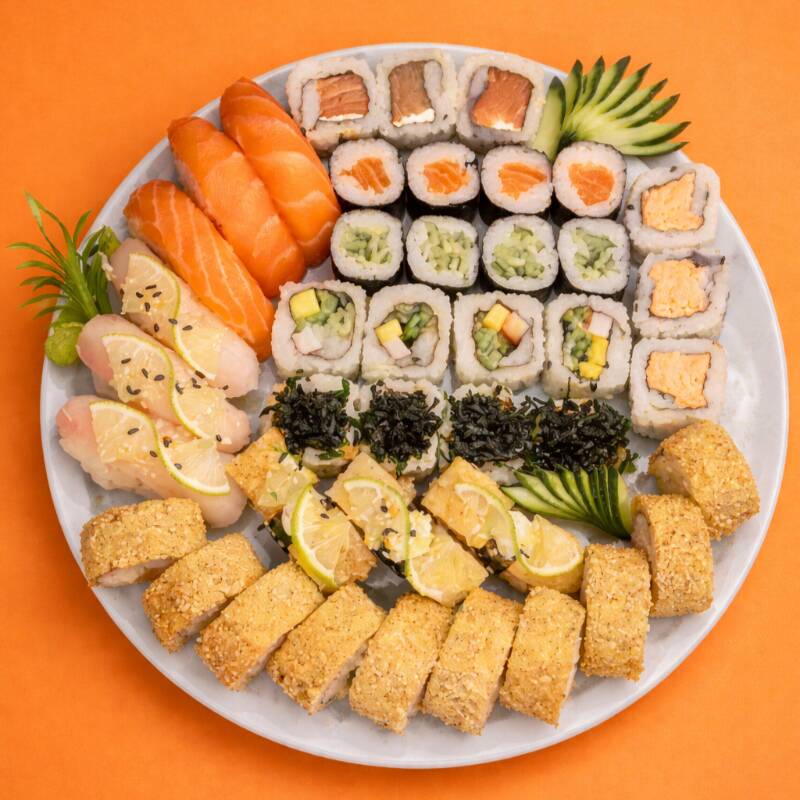 3 Niguiri salmão, 3Niguiri tilápia, 3 Niguiri skin, 3 Uramaki salmão, 3 Uramaki Filadélfia, 4 Uramaki Califórnia, 4 Uramaki skin, 4 shakemaki, , 4 kapamaki e 10 hot holl. Obs. Não fazemos alterações
