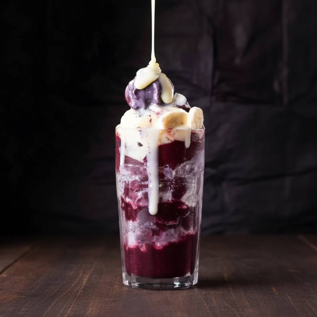 Creme de açaí acompanhado de banana, leite condensado e leite em pó no pote.