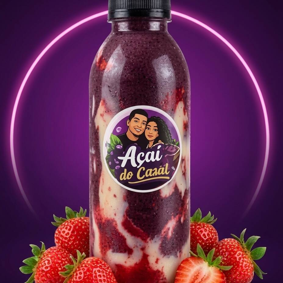 Açai na garrafa, açaí cremoso+mais creme de morango+morango+leite condensado+leite em pó.