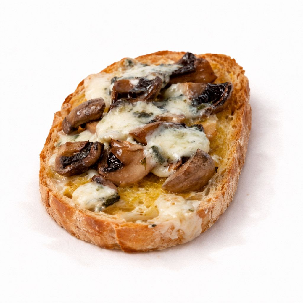 Confit de cogumelos Paris com queijo gorgonzola levemente derretido. (3 unidades)