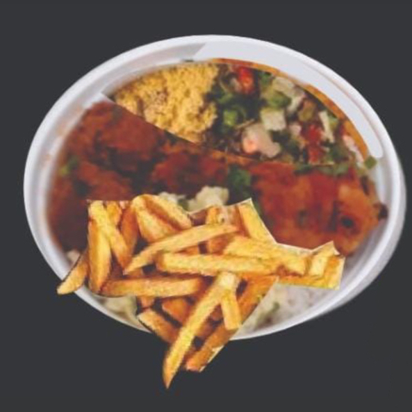 Arroz, maionese, farofa, molho vinagrete, frango à passarinho e batata frita