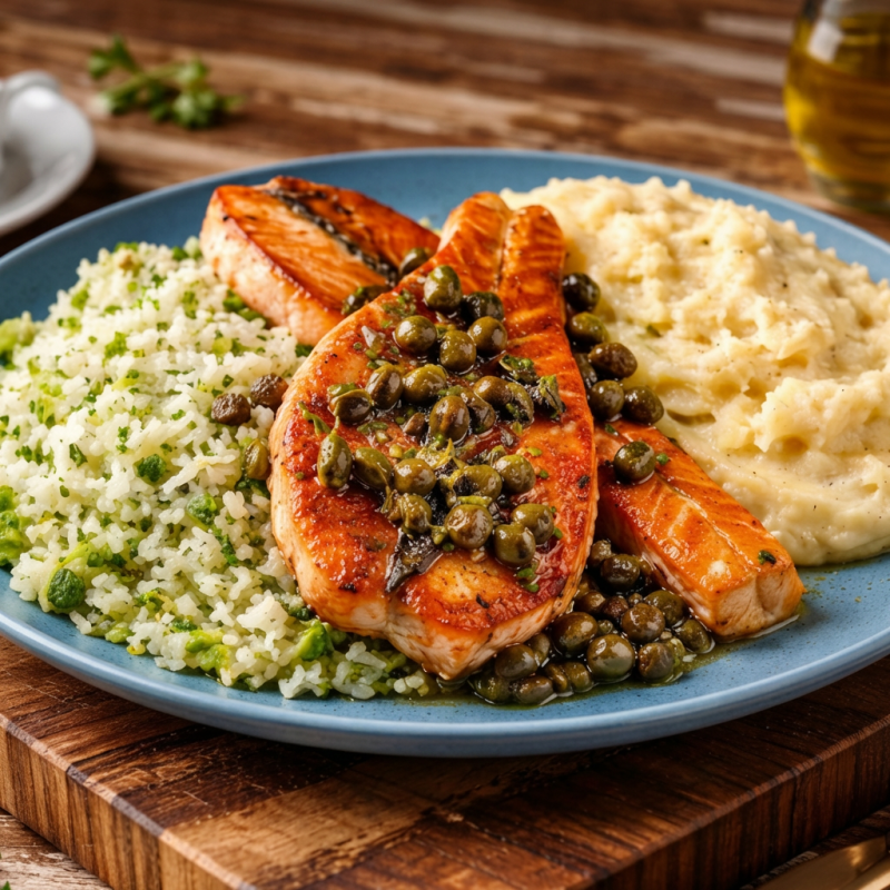 Salmão grelhado no ponto perfeito, dourado por fora e suculento por dentro, coberto com um delicioso molho de alcaparras que realça ainda mais o sabor do peixe. Acompanha arroz de brócolis e um purê de batata extremamente cremoso, criando uma combinação equilibrada e sofisticada.