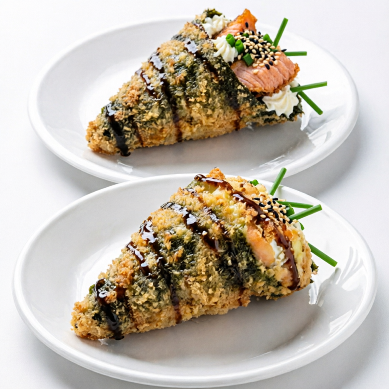 (Cones empanados com nori, arroz, skin frito, creme chease, cebolinho e gergelim)