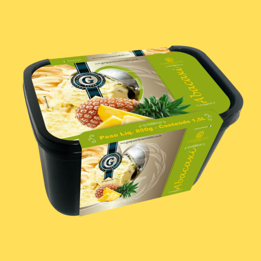 Sorvete artesanal Gasparetto sabor abacaxi com pedaços da fruta. Pote 1,5L.
