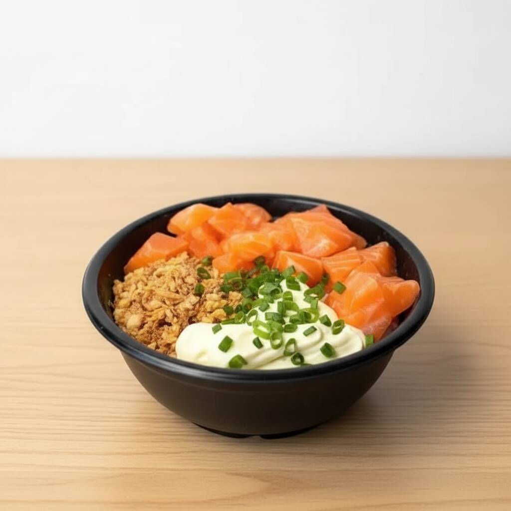 Base: arroz japonês - Proteína: salmão fresco em cubos, cream cheese, cebola crispy crocante e finalizado com tempero do cheff e cebolinha fresca --- Acompanha: 1 sachê de shoyu, 1 sachê de tarê e 1 par de hashis.