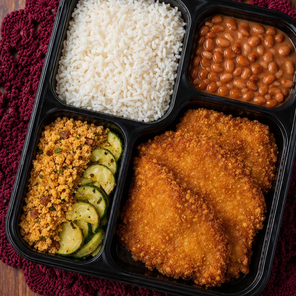 Executivo Bisteca à Milanesa, acompanha arroz, feijão, pilenta e refogado.
Marmita com divisória