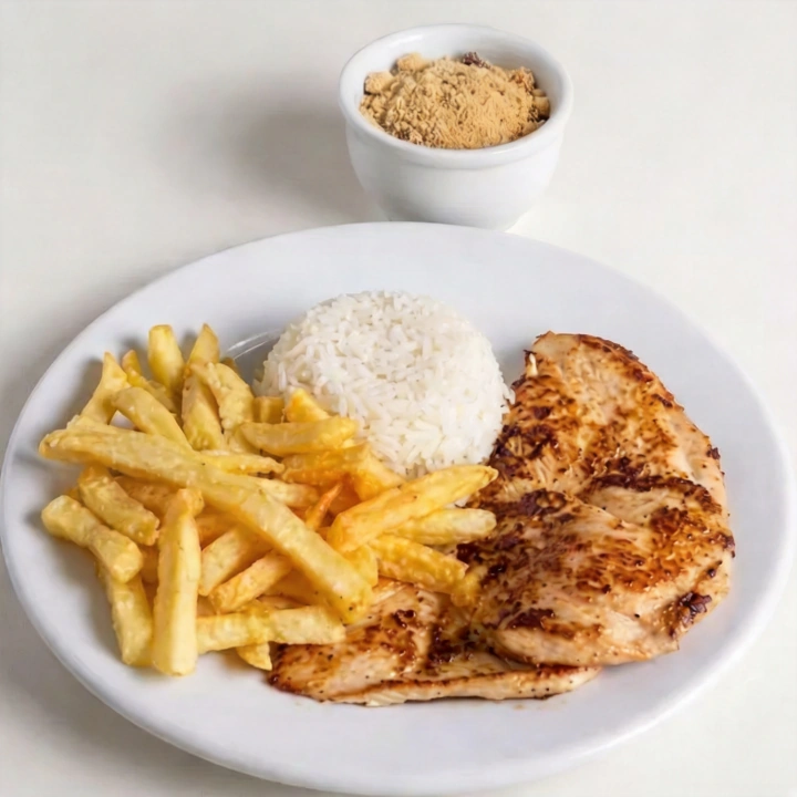 Frango grelhado com arroz, feijão, fritas e farofa + graravita
