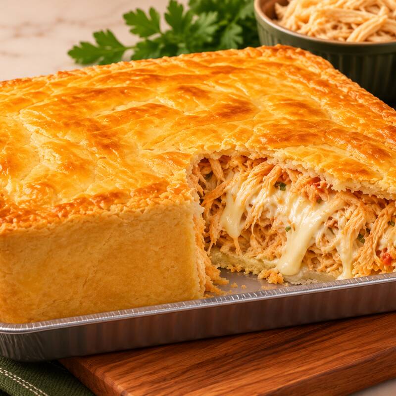 Massa artesanal dourada e amanteigada, recheada com frango desfiado super cremoso e uma generosa camada de requeijão que derrete a cada mordida. Um empadão de 500 g, muito recheado e irresistivelmente saboroso.