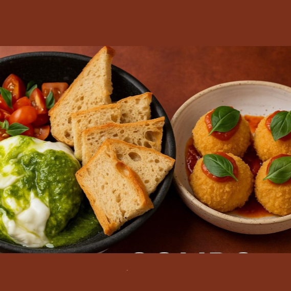 Bolinhos de risoto de queijo grana padano e açafrão, servido com marmelada de tomates artesanal ou molho pomodoro + Burrata com Tomate Cereja e Pesto. Burrata fresca temperada com azeite extra virgem, flor de sal e pimenta preta, acompanhada de tomates cereja doces e pesto aromático. Acompanha nossa focaccia macia para uma combinação perfeita