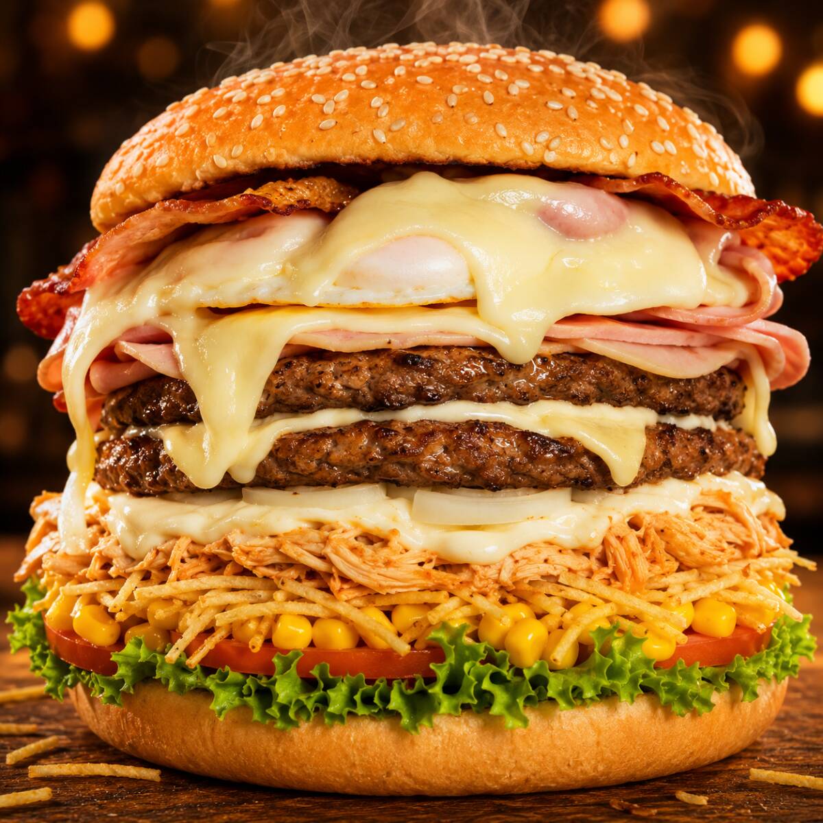 O 'Especial Jr' é uma celebração de sabores em forma de sanduíche. Pão,frango desfiado, 02 carne bovina,02 ovo,bacon,palmito,catupiry,presunto, mussarela, alface,tomate, milho e batata palha. Imagem meramente ilustrativa.