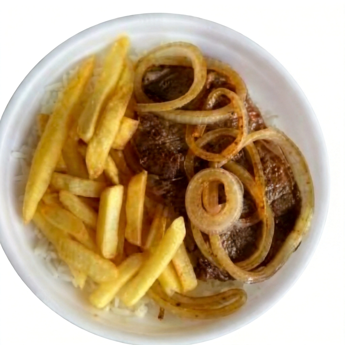 Arroz, feijão, batata frita e bife de contra frito.