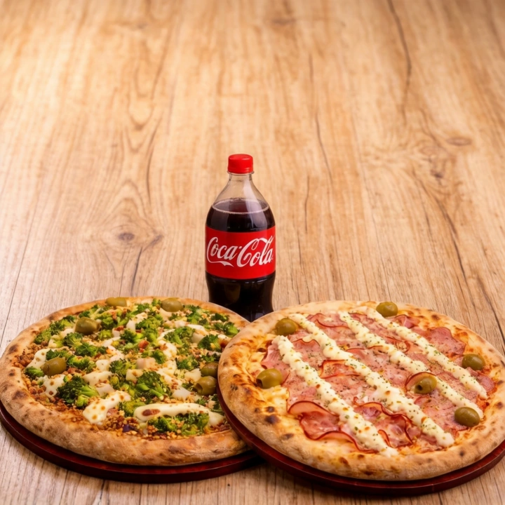 Escolha duas pizzas grandes e ganhe um refrigerante 2l grátis. Perfeito para dividir! Obs: Não fazemos meio à meio as pizzas da promoção..